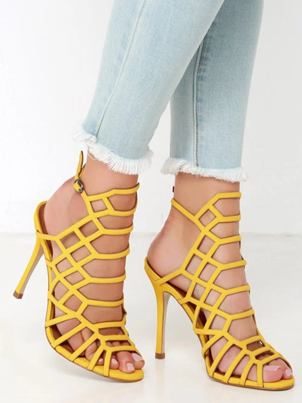 Steve Madden Slithur  Nubuck Caged Stiletto Yellow Sandals